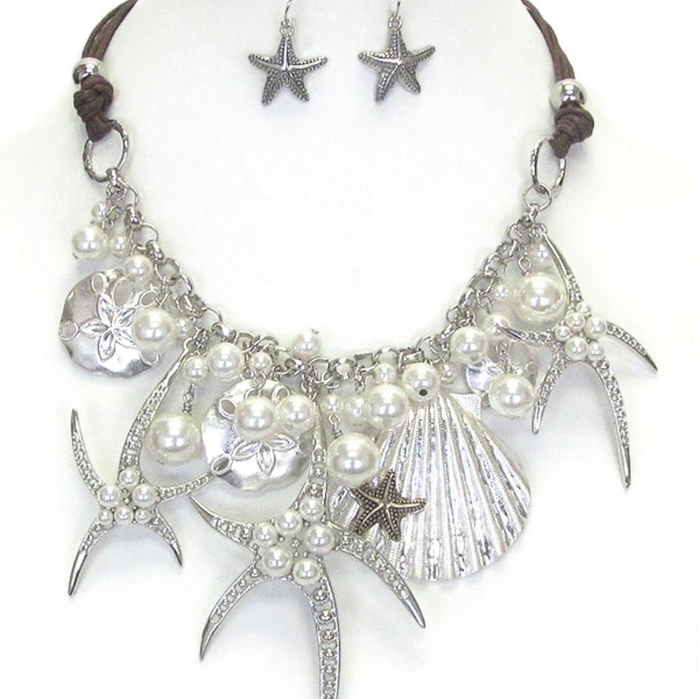 Starfish Shell Pearl Charms Necklace Earrings Set
